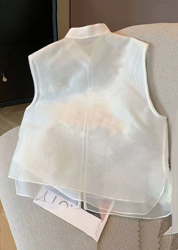 Chinese Style White Embroidered Button Tulle Waistcoat Sleeveless Jh022