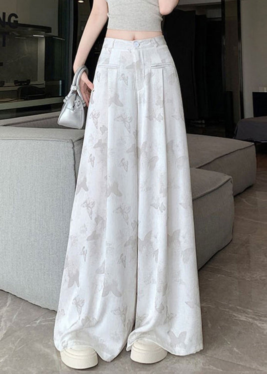 Butterfly Draping Print Pockets Chinese White Style Pants