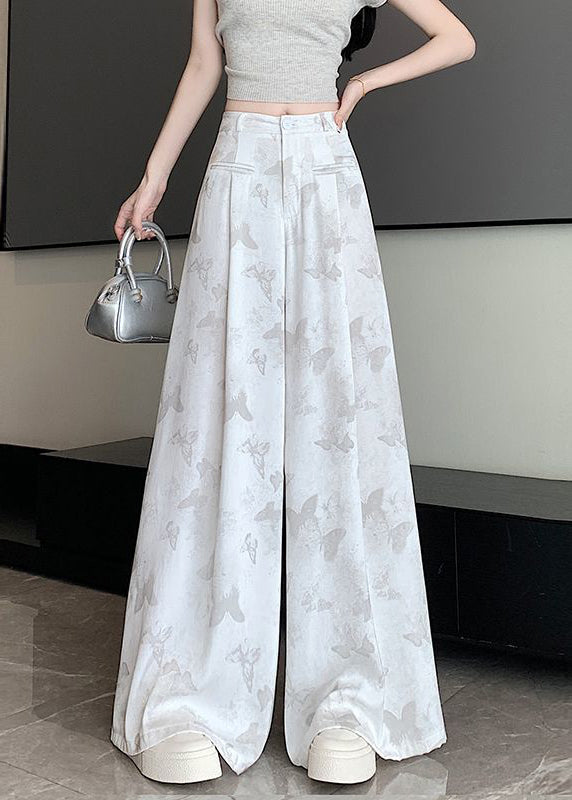 Butterfly Draping Print Pockets Chinese White Style Pants