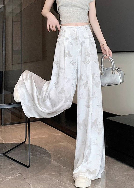 Butterfly Draping Print Pockets Chinese White Style Pants