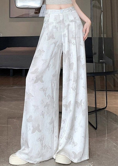 Butterfly Draping Print Pockets Chinese White Style Pants