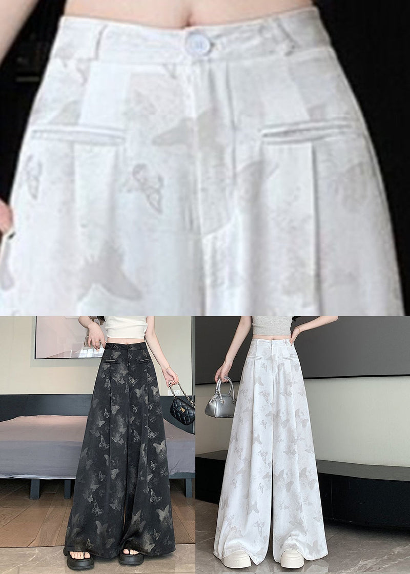 Butterfly Draping Print Pockets Chinese White Style Pants