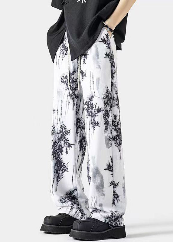 Chinese Style White Pockets Print Ice Silk Pants Summer Yt043
