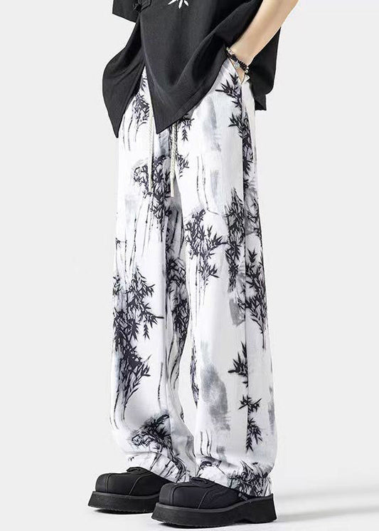 Chinese Style White Pockets Print Ice Silk Pants Summer Yt043