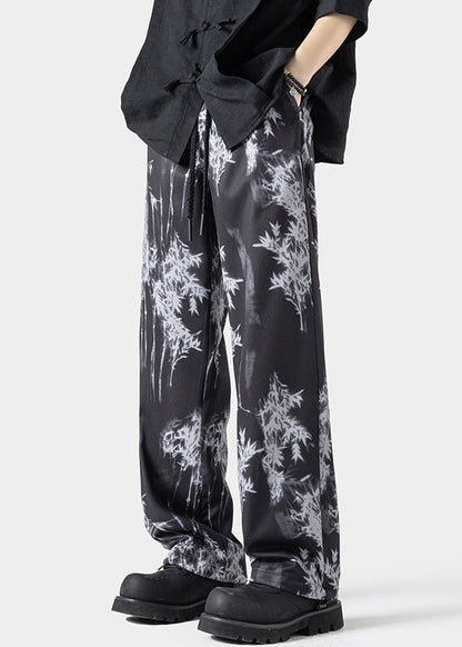 Chinese Style White Pockets Print Ice Silk Pants Summer Yt043