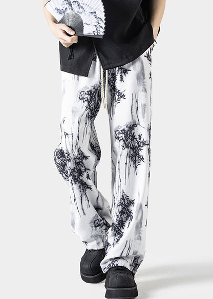 Chinese Style White Pockets Print Ice Silk Pants Summer Yt043