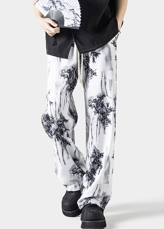 Chinese Style White Pockets Print Ice Silk Pants Summer Yt043