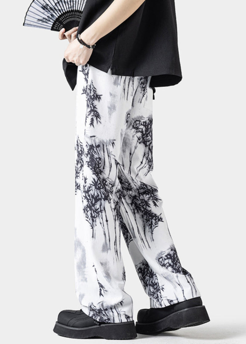 Chinese Style White Pockets Print Ice Silk Pants Summer Yt043