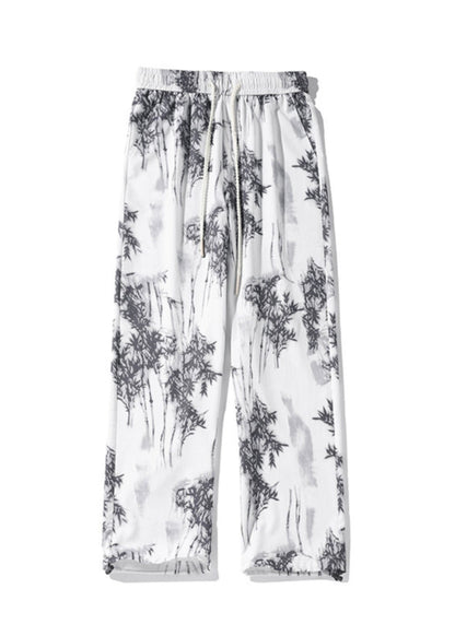 Chinese Style White Pockets Print Ice Silk Pants Summer Yt043