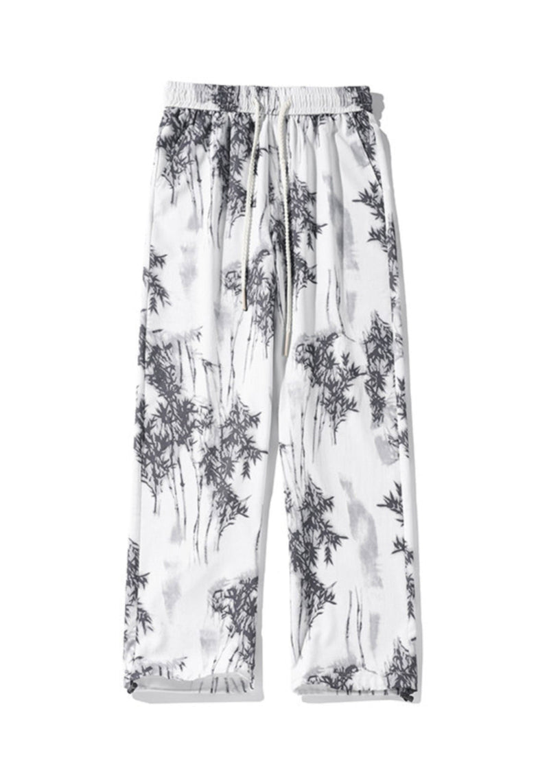 Chinese Style White Pockets Print Ice Silk Pants Summer Yt043