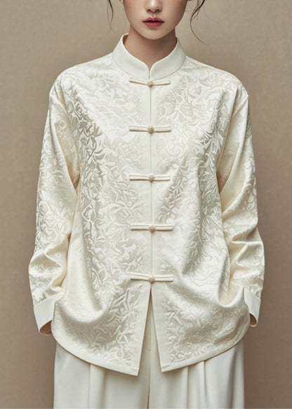 Chinese Style White Stand Collar Button Coats Fall Ag1045