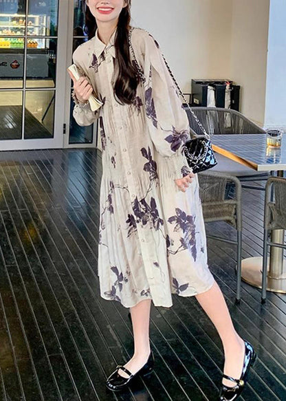 Style Chinese Button Long Dresses Wrinkled Lantern Collar Print