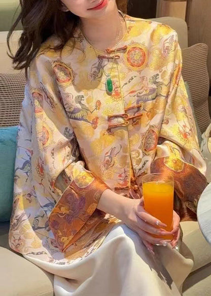 Chinese Style Yellow O-neck Button Silk Coats Spring Qa1085