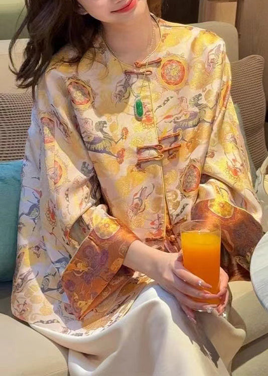 Chinese Style Yellow O-neck Button Silk Coats Spring Qa1085