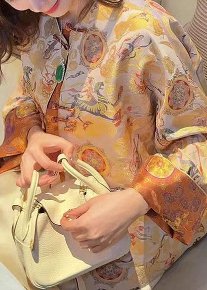 Chinese Style Yellow O-neck Button Silk Coats Spring Qa1085