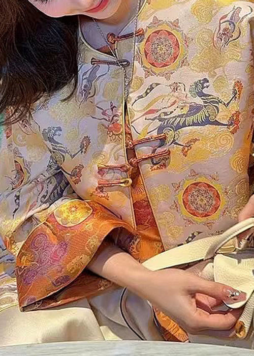 Chinese Style Yellow O-neck Button Silk Coats Spring Qa1085