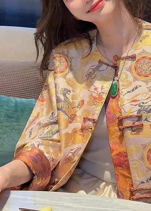 Chinese Style Yellow O-neck Button Silk Coats Spring Qa1085