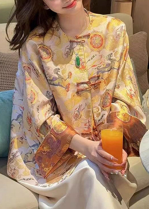 Chinese Style Yellow O-neck Button Silk Coats Spring Qa1085