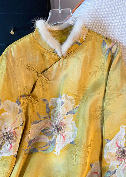 Chinese Style Yellow Print Patchwork Fine Cotton Filled Silk Coat Spring Ti021
