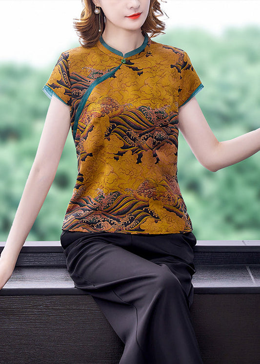 Chinese Style Yellow Stand Collar Print Silk Blouses Summer Ly0476