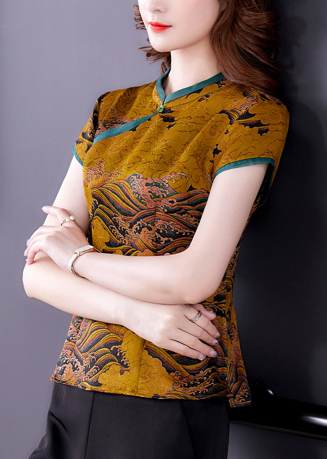 Chinese Style Yellow Stand Collar Print Silk Blouses Summer Ly0476