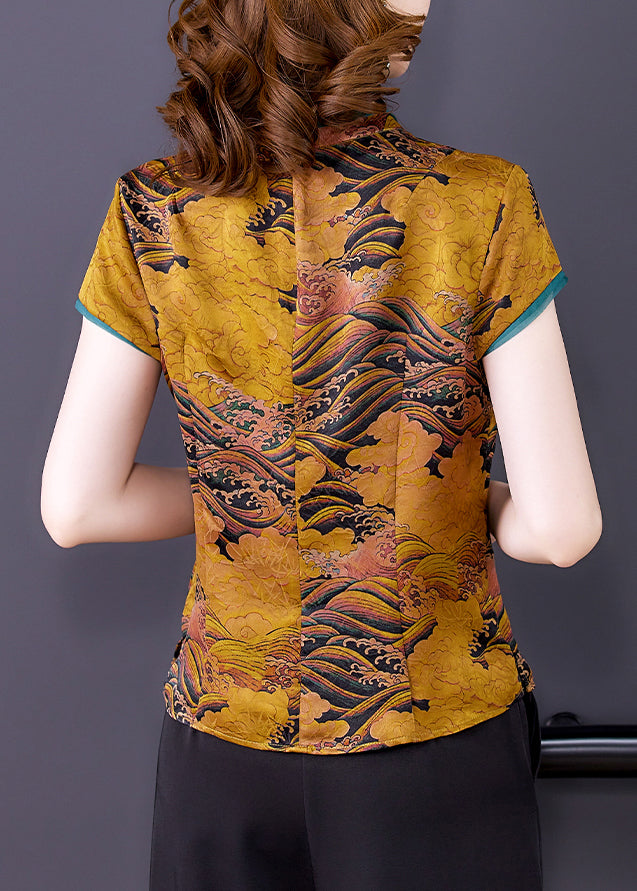 Chinese Style Yellow Stand Collar Print Silk Blouses Summer Ly0476