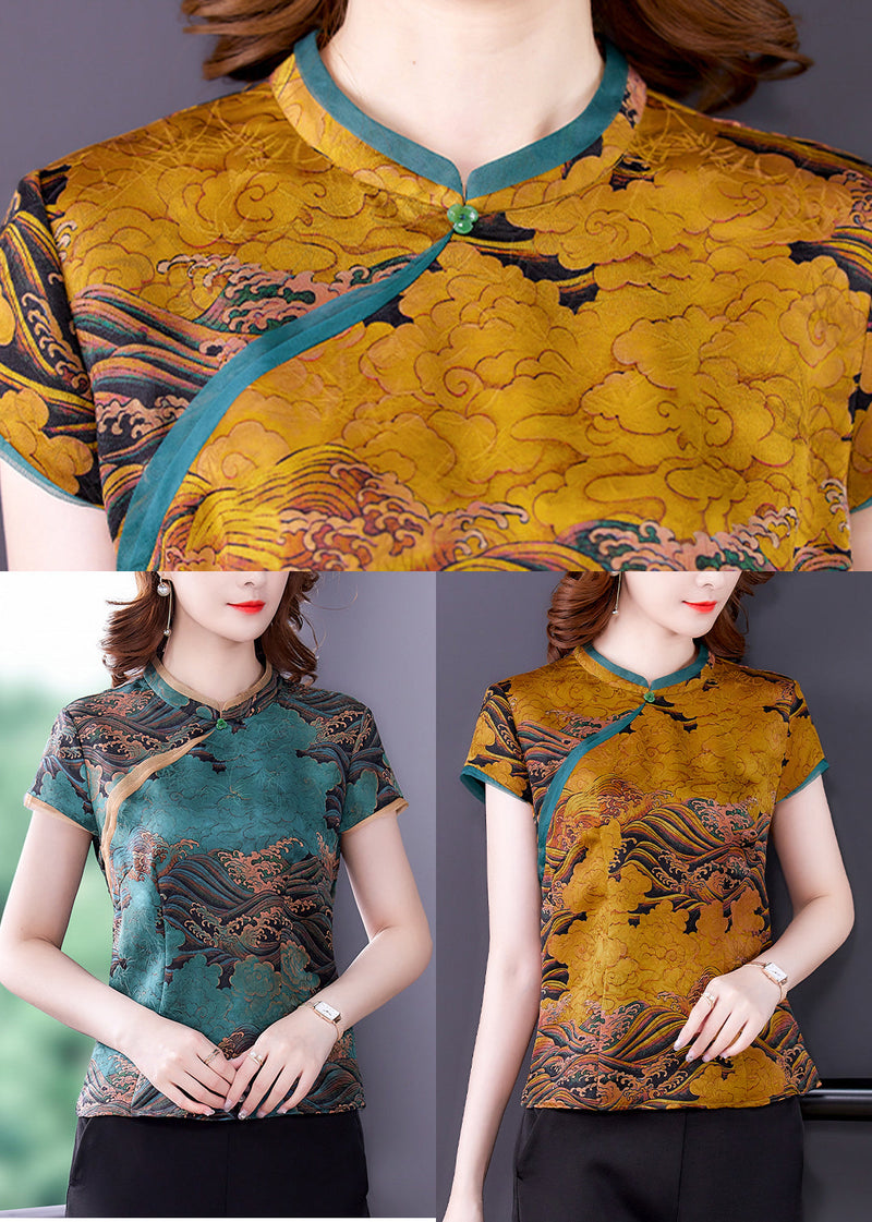 Chinese Style Yellow Stand Collar Print Silk Blouses Summer Ly0476