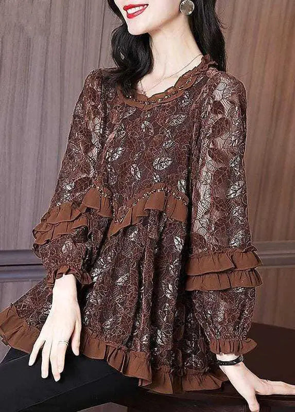 Chocolate Hollow Out Lace Blouse Tops Ruffled Spring Ha1062