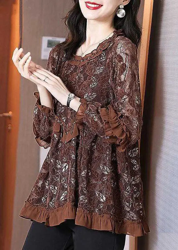 Chocolate Hollow Out Lace Blouse Tops Ruffled Spring Ha1062