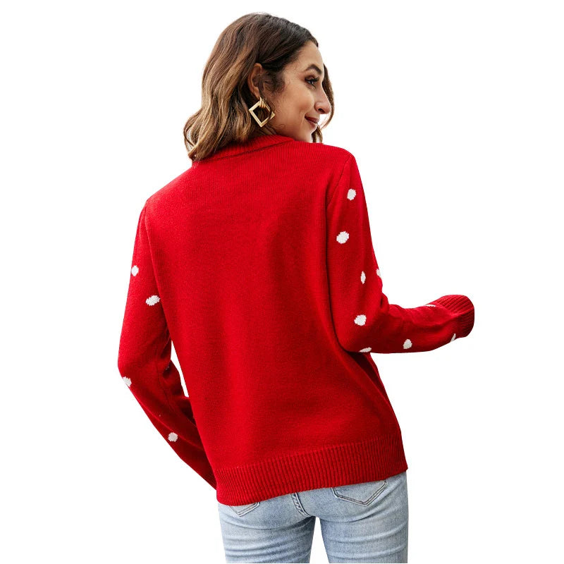 Red Sequined Knitted Christmas Sweater - Long Sleeve Autumn Winter
