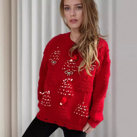 Korean Style Loose Jumper With Bow Christmas Sweater