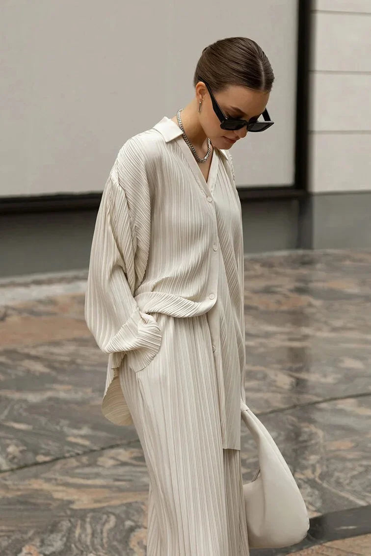 Color Pleated Long Sleeve Pants Set