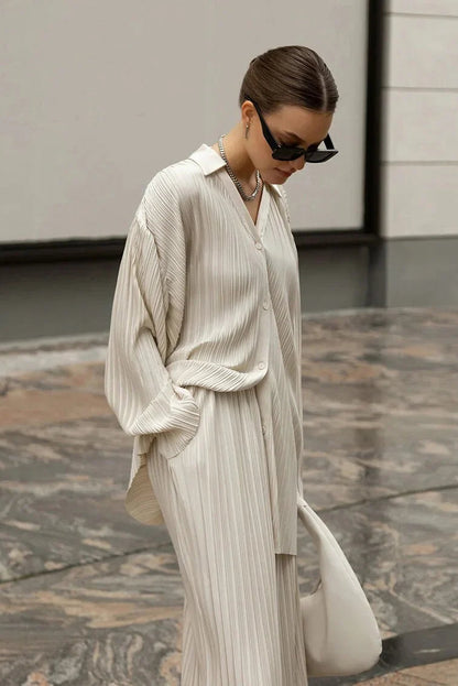 Color Pleated Long Sleeve Pants Set