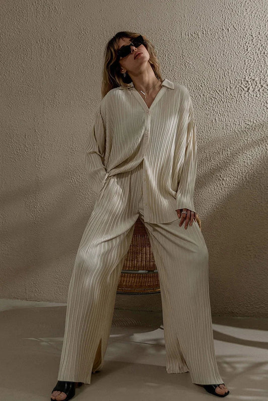 Color Pleated Long Sleeve Pants Set