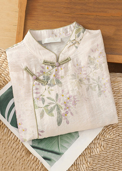 Classy Apricot Button Print Linen Blouse Half Sleeve Jh065