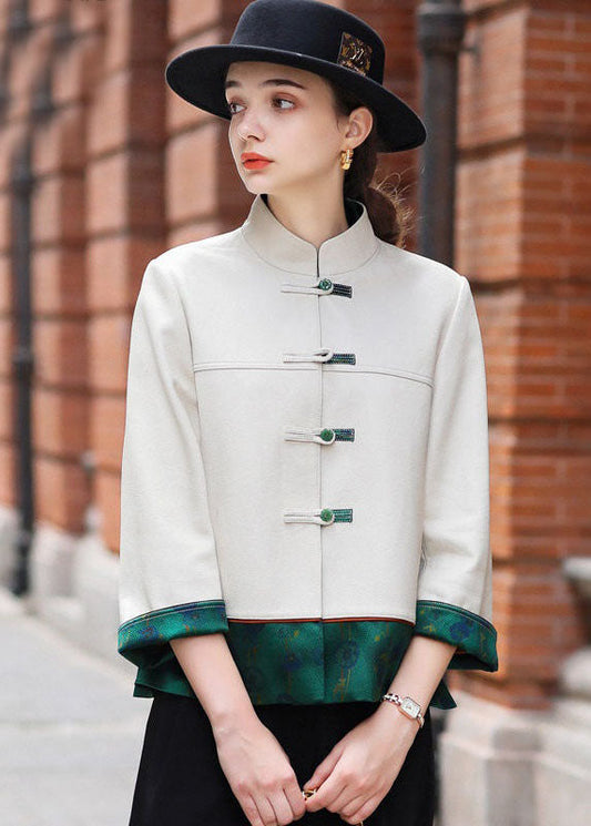 Classy Beige Chinese Button Patchwork Faux Leather Coats Spring Ly1674