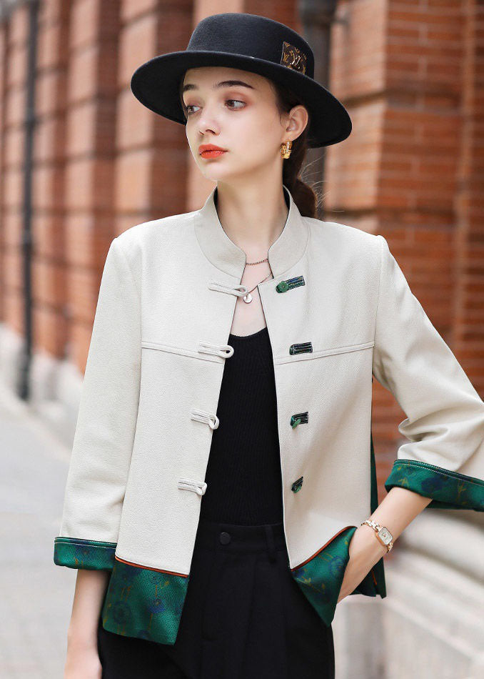 Classy Beige Chinese Button Patchwork Faux Leather Coats Spring Ly1674
