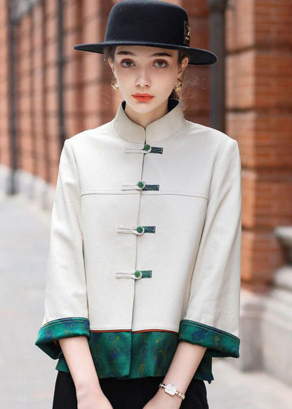 Classy Beige Chinese Button Patchwork Faux Leather Coats Spring Ly1674