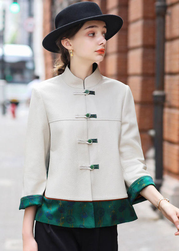 Classy Beige Chinese Button Patchwork Faux Leather Coats Spring Ly1674