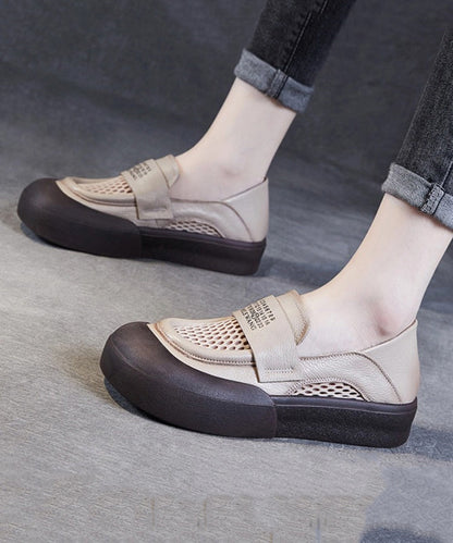 Classy Beige Cowhide Leather Breathable Mesh Splicing Buckle Strap Platform Loafer Shoes Jj016
