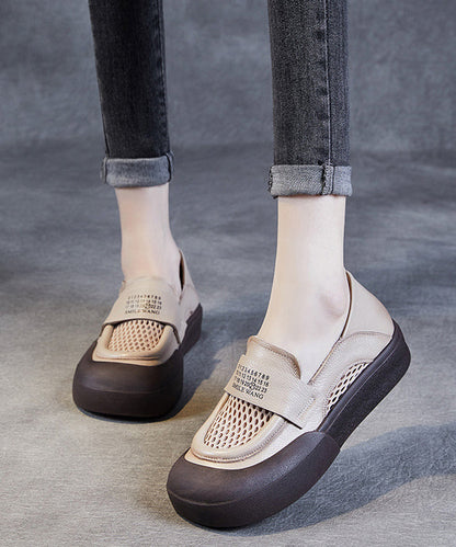 Classy Beige Cowhide Leather Breathable Mesh Splicing Buckle Strap Platform Loafer Shoes Jj016