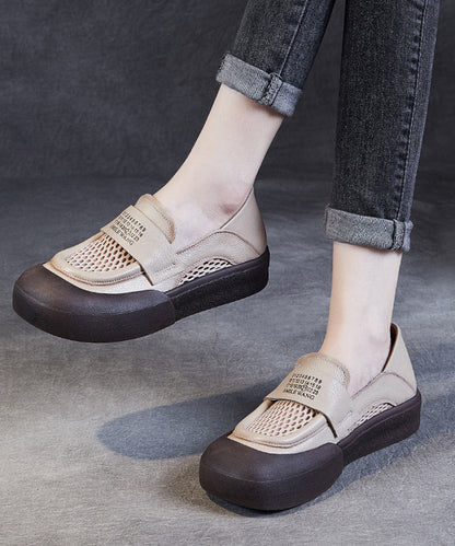 Classy Beige Cowhide Leather Breathable Mesh Splicing Buckle Strap Platform Loafer Shoes Jj016