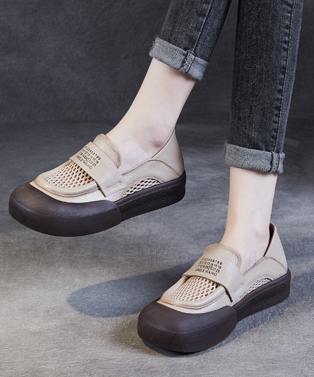 Classy Beige Cowhide Leather Breathable Mesh Splicing Buckle Strap Platform Loafer Shoes Jj016