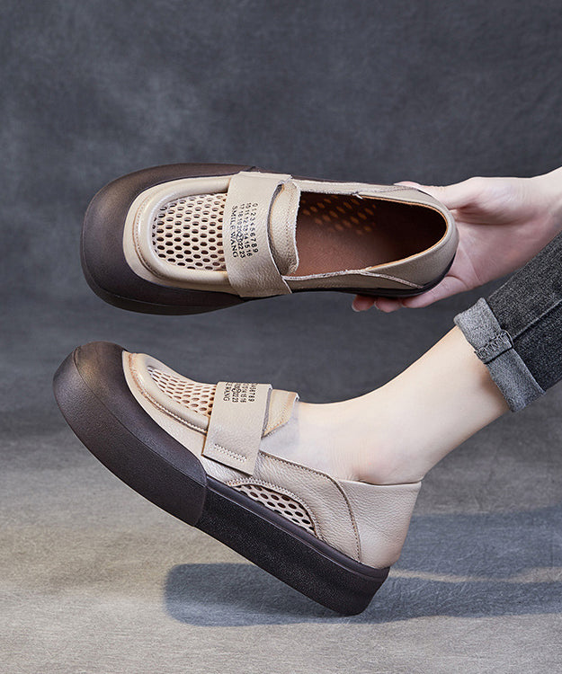 Classy Beige Cowhide Leather Breathable Mesh Splicing Buckle Strap Platform Loafer Shoes Jj016