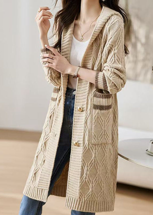 Classy Beige Hooded Pockets Knit Loose Cardigan Fall Qs020
