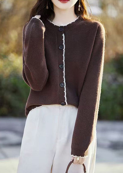 Classy Beige O Neck Button Wool Knit Cardigans Fall Qx025