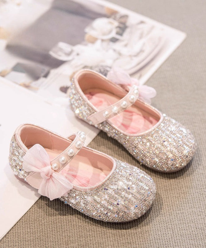 Beige Shoes Bow Classy Strap Pearl for Flat Buckle