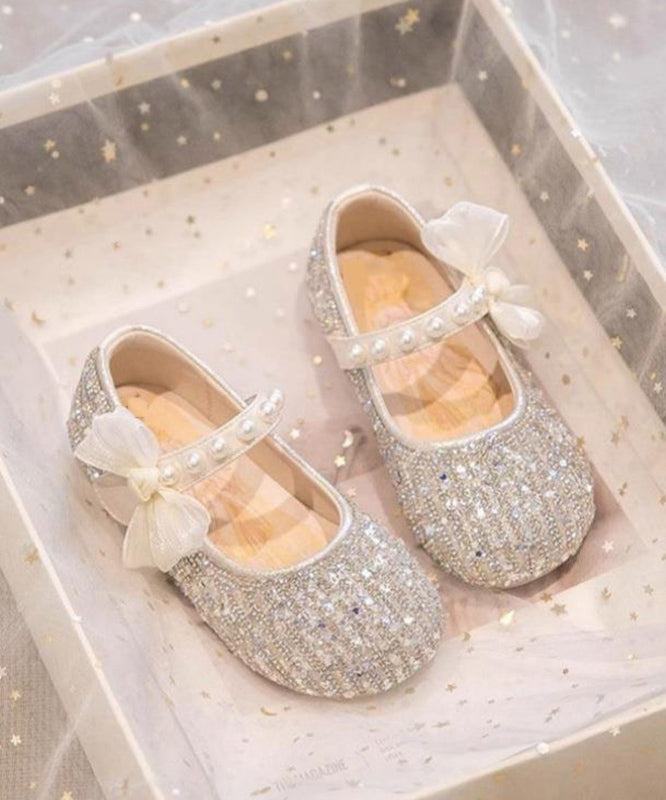 Beige Shoes Bow Classy Strap Pearl for Flat Buckle