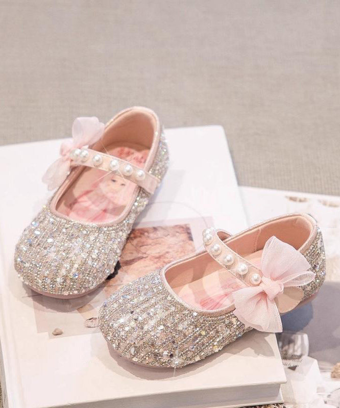 Beige Shoes Bow Classy Strap Pearl for Flat Buckle