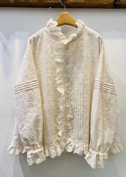 Classy Beige Ruffled Patchwork Embroidered Cotton Blouses Spring Yk034